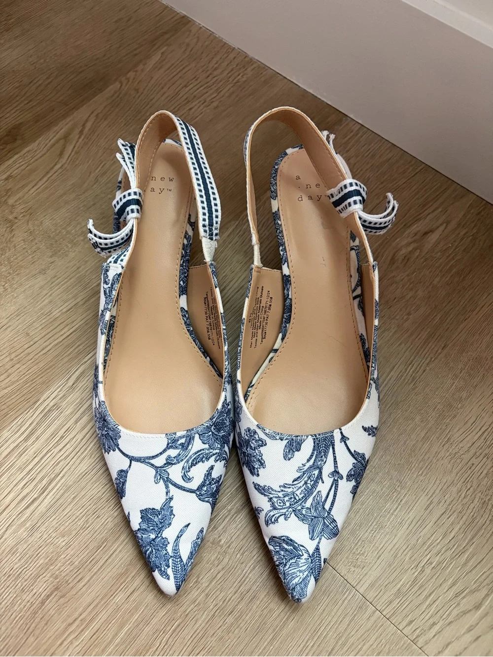a new day White and Navy Floral kitten heels
